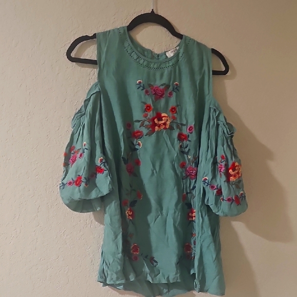 Umgee Tops - Umgee Green Floral Embroidered Cold Shoulder Blouse